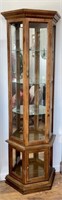 Vintage pecan wood narrow curio cabinet with