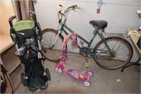 10 Speed bike, childâ€™s scooter and stroller