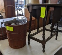 DROP LEAF WOODEN TABLE, AND ICE CREAM MAKER