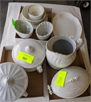 (3) SOUP TUREENS, LARGE PITCHER, LARGE PLATE, JELL