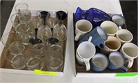 ASSORTMENT OF COFFEE CUPS, BLUE VASE, (9) GLASSES