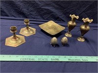 Brass candleholders, vase, salt & pepper