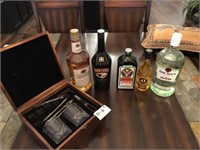 Wood Liquor Box ~ Glasses & Collector Bottles