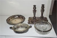 Silver Plate Trays, Bowls, and Candlesticks
