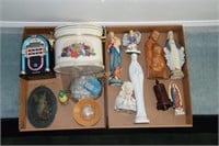 2 Tray lots to include religious figures, alarm