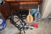 Lot of sporting goods- bicycle rack, dumbbells,