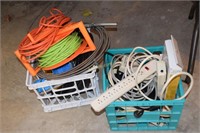 2 Crates of cords, snake, powered strips