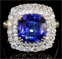 14kt Gold 7.63 ct Cushion Sapphire & Diamond Ring