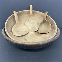(2) Handcraved Wooden Bowls With (3) Spoons