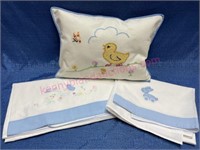 Embroidered duck & bunny flat sheets (2) & pillow