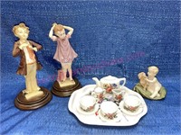 Miniature tea set & (3) figurines