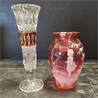 Cut to clear cranberry glass vase, painted glass
