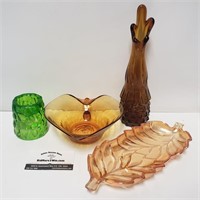 (4) Amber & Green Glassware
