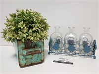 (3) Glass Bottles w/ Holder* & Artificial Plant