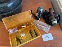 REELS AND FISHING BOX WITH CONTENTS