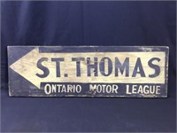 Early ST. THOMAS Ontario Motor League sign. Wood,