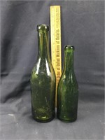 Two Applied-top Green glass bottles, c1840