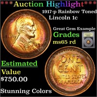 1917-p Lincoln Cent Rainbow Toned 1c Graded GEM Un