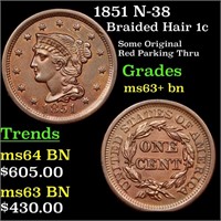 1851 Braided Hair Large Cent N-38 1c Grades Select