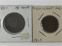 1851 Lg Cent & 1864 2 Cent US Coins