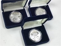 3 American Eagle Silver Coins w/Cases