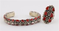 Native American Sterling Coral Cuff & Ring