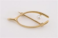 14K Gold Lapel Wishbone Pin w/ Pearl