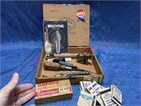 Cigar box w/32-cal ammo -new knife -sm Coke bottle