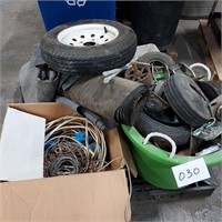 skid of wheels, wire, rubber, etc.