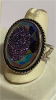 Stunning 925 Purple Geode Cocktail Ring sz 8