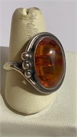Silver 925 Art Nouveau insp. Amber Ring sz9