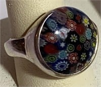 925 Venetian Millefiori Art Glass Cocktail Ring