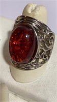 German Silver Amber Cocktail Ring sz 8