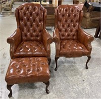 Pair of Leather like Tufted Queen Anne Chairs