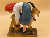 Henning Norway Hand Carved Woman Milking Goat