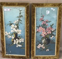 Pair of Vtg Floral Paintings on Glass w/