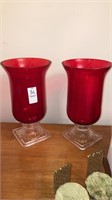 Red glass candle vases pair 11” tall