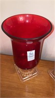 Red glass candle vases pair 11” tall