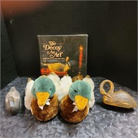 Vintage carved ducks, duck decoys, slippers