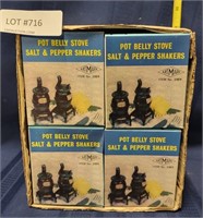 12 SETS NOS POT BELLY STOVE S&P SHAKERS W/BOX