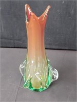 Green and red Murano glass vase, 11"h. × 4"