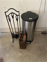trash can, fireplace tools and match holder