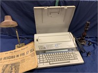 2 lamps, vintage computer typewriter, old