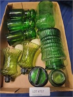 FLAT BOX OF GREEN GLASS CANISTERS & CANDLEHOLDERS