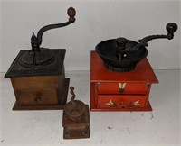 3 Antique Cast Iron Coffee Grinders including Red