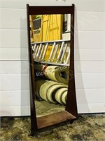 wood frame narrow wall mirror w/ shelf