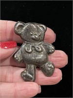 Large Sterling Silver Teddy Bear Pin Brooch