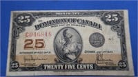 25¢ 1923 Dominion of Canada,$1 1954 Canadian Bill,