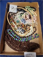 FLAT BOX OF COSTUME BEADED NECKLACES & JEWELRY