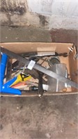 Box lot of miscellaneous tools and metal bucket